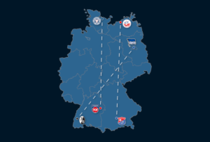 Read more about the article Landkarte: Größten und geringsten Distanzen zwischen den Stadien (1. – 3. Liga)