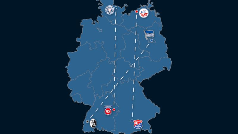 Landkarte: Größten und geringsten Distanzen zwischen den Stadien (1. – 3. Liga)
