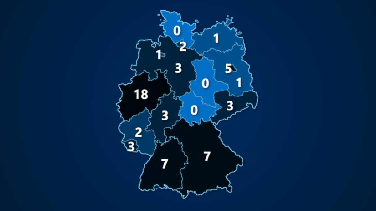 Landkarte: Anzahl Bundesligisten nach Bundesländern